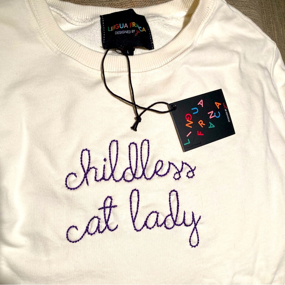 Lingua Franca childless cat lady sweatshirt (Men’s L) Cream white / purple